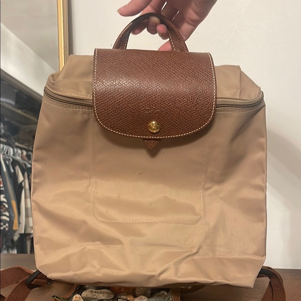 Longchamp Tan and Brown Backpack with Flap Closure